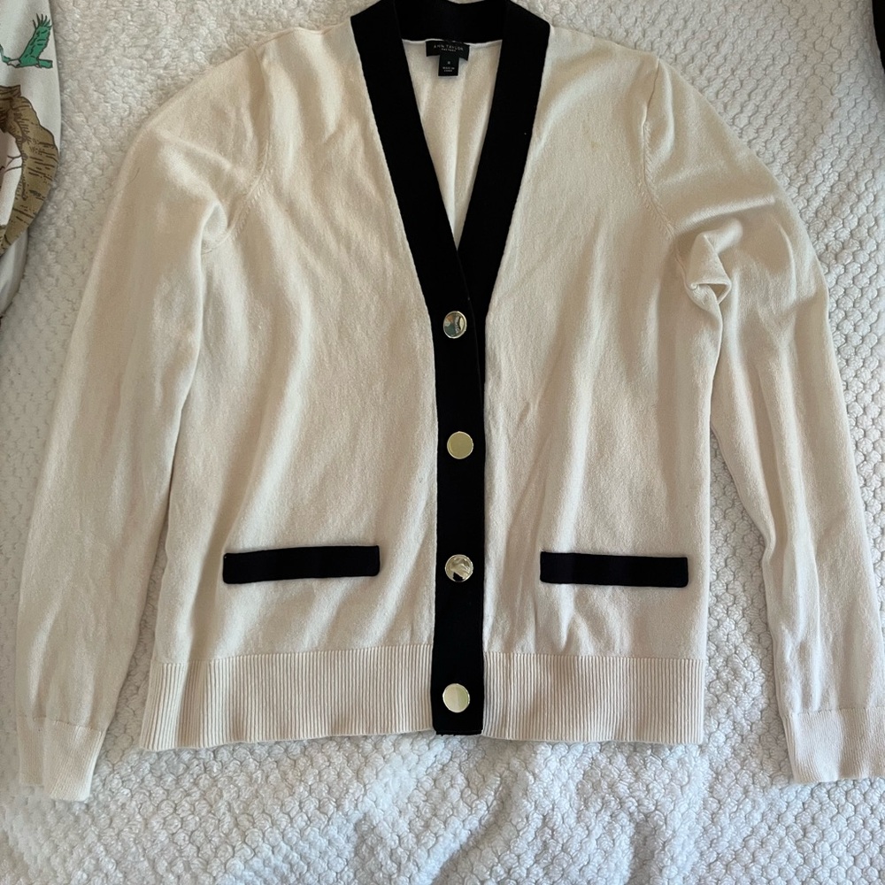 Ann Taylor Factory Ivory Cardigan with Ebony Trim